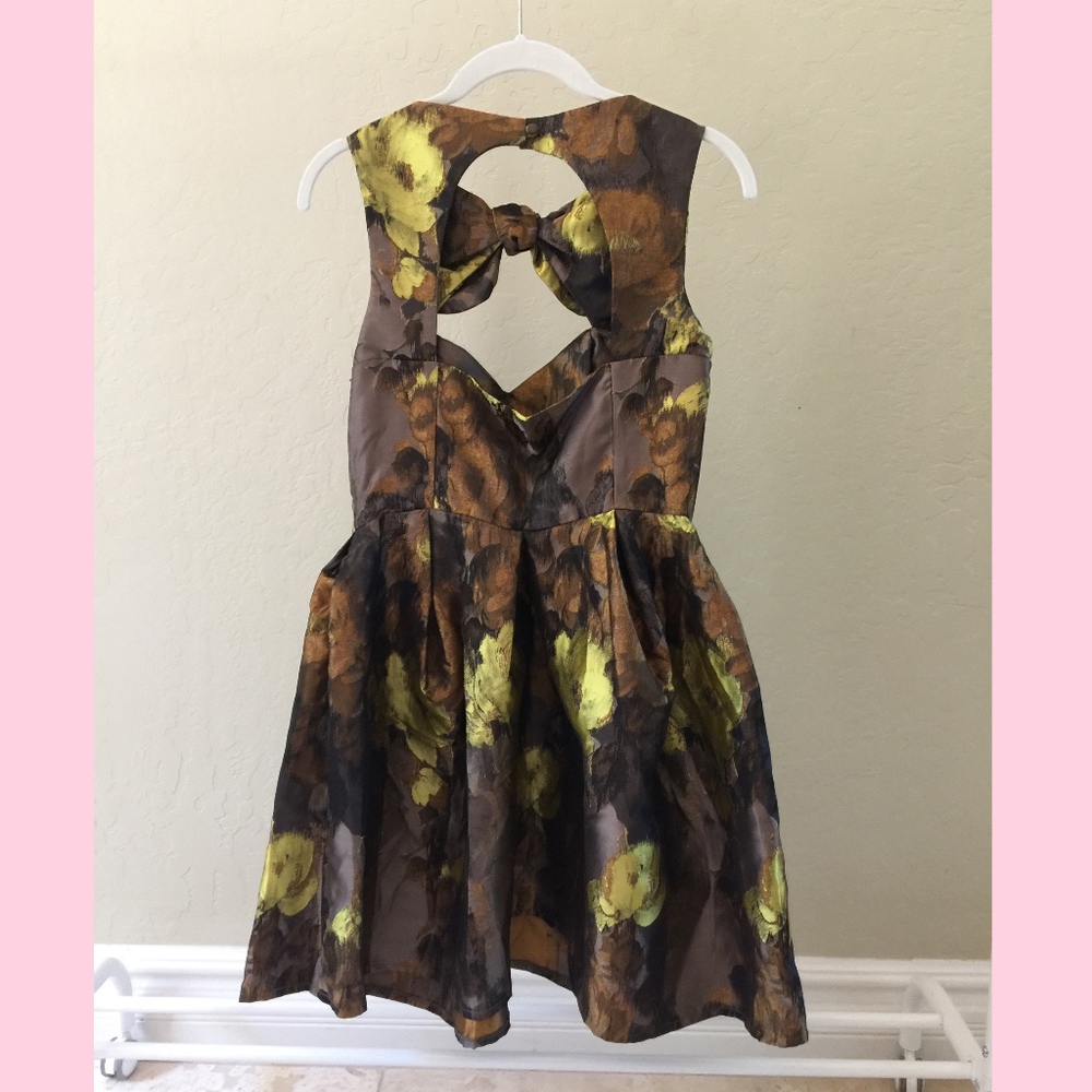 Asos Bow Bronze Yellow Floral Satin Dress, Sz 6
